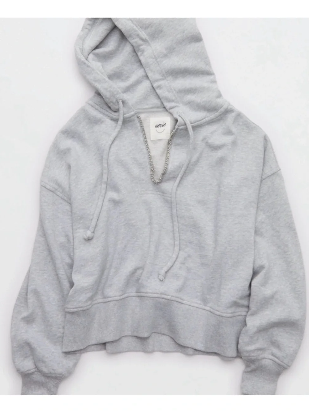 aerie Light Gray Jeweled neck croppe Hoodie
